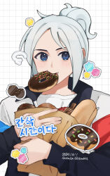 Rule 34 | 1girl, animification, artist name, bag, blue eyes, blue hair, dated, doughnut, food, food in mouth, grid background, grocery bag, hair behind ear, highres, holding, holding bag, jacket, jett (valorant), korean text, looking at viewer, nanana (syoki0916), ponytail, shirt, shopping bag, solo, valorant, white background, white jacket, white shirt