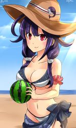 Rule 34 | 10s, 1girl, 2016, adapted costume, ahoge, animal print, arm ribbon, bare shoulders, beach, bikini, blush, breasts, cleavage, collarbone, cowboy shot, dated, day, fish print, floral print, hair flaps, hat, hebitsukai-san, highres, kantai collection, long hair, looking at viewer, low twintails, medium breasts, navel, purple hair, red eyes, ribbon, sarong, smile, solo, sun hat, swimsuit, taigei (kancolle), twintails, whale print, white bikini