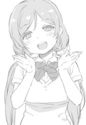 Rule 34 | 10s, 1girl, :d, blush, bow, bowtie, collared shirt, duke (inu daimyou), greyscale, hair ornament, hair scrunchie, hands up, long hair, looking at viewer, love live!, love live! school idol project, lowres, monochrome, open mouth, otonokizaka school uniform, round teeth, school uniform, scrunchie, shirt, short sleeves, smile, solo, standing, striped bow, striped bowtie, striped clothes, striped neckwear, sweater vest, teeth, tojo nozomi, twintails, upper body, upper teeth only