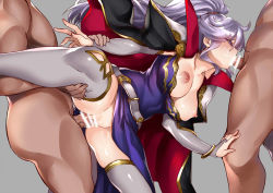 Rule 34 | 1girl, 2boys, arm grab, bar censor, bracelet, breasts, cape, censored, clothed sex, cum, cum in mouth, doggystyle, double penetration, dress, elbow gloves, facial, fellatio, fingerless gloves, fire emblem, fire emblem: genealogy of the holy war, gloves, grey background, grey gloves, grey thighhighs, group sex, head out of frame, hetero, ishtar (fire emblem), jewelry, kaorihero, large breasts, light purple hair, mmf threesome, multiple boys, multiple penetration, nintendo, nipples, oral, penis, ponytail, profile, purple eyes, pussy, sex, sex from behind, simple background, spitroast, spread legs, standing, standing sex, thigh grab, thighhighs, threesome