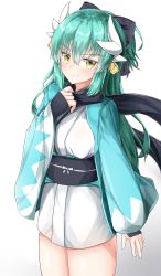 Rule 34 | 1girl, absurdres, arm guards, black bow, black scarf, blush, bow, breasts, closed mouth, commentary request, cosplay, cowboy shot, dragon horns, fate/grand order, fate (series), green hair, hair between eyes, hair bow, hair ornament, hand up, haori, head tilt, highres, horns, japanese clothes, kimono, kiyohime (fate), koha-ace, long hair, long sleeves, looking at viewer, medium breasts, moyoron, obi, okita souji (fate), okita souji (koha-ace), okita souji (koha-ace) (cosplay), ponytail, sash, scarf, short kimono, short ponytail, simple background, smile, solo, v-shaped eyebrows, very long hair, white background, white kimono, wide sleeves, yellow eyes
