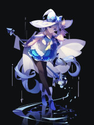 Rule 34 | 1girl, absurdres, black pantyhose, blue eyes, blue footwear, blue hair, blue skirt, boots, cape, closed mouth, crossed legs, hat, hatsune miku, high heel boots, high heels, highres, holding, holding staff, long hair, looking at viewer, magician, pantyhose, reflection, scepter, skirt, smile, snowflakes, solo, staff, standing, twintails, very long hair, vocaloid, witch hat, x-red flower, yuki miku