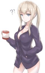 Rule 34 | 10s, ?, ??, blonde hair, blue eyes, breasts, cleavage, coffee, coffee mug, collarbone, cup, disco brando, graf zeppelin (kancolle), hand in pocket, highres, kantai collection, large breasts, medium hair, mug, solo, steam, sweater