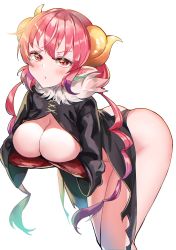 Rule 34 | 1girl, absurdres, ass, black dress, breasts, chromatic aberration, cleavage, dragon girl, dragon horns, dress, envel203, frown, fur collar, highres, horns, ilulu (maidragon), kobayashi-san chi no maidragon, large breasts, leaning forward, long hair, looking at viewer, pointy ears, red eyes, red hair, simple background, solo, twintails, white background