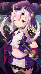 Rule 34 | 1girl, armpits, azur lane, bell, belly, beret, blurry, blurry background, cannon, cape, gloves, hair between eyes, hat, highres, hitokuchii, hololive, horns, katana, long hair, looking at viewer, nakiri ayame, one eye closed, red eyes, sheath, sheathed, silver hair, skin-covered horns, sleeveless, solo, sword, thighhighs, twintails, virtual youtuber, weapon