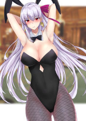 Rule 34 | 1girl, absurdres, animal ears, armpits, arms behind head, arms up, bad id, bad pixiv id, bare shoulders, black leotard, blush, breasts, cleavage, earrings, fake animal ears, fate/grand order, fate (series), fishnet pantyhose, fishnets, grey pantyhose, hair ribbon, heart, heart-shaped pupils, highleg, highleg leotard, highres, hitomin (ksws7544), jewelry, kama (fate), large breasts, leotard, long hair, looking at viewer, pantyhose, pink ribbon, playboy bunny, rabbit ears, red eyes, ribbon, silver hair, symbol-shaped pupils
