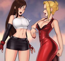 Rule 34 | 2girls, black skirt, blonde hair, blue eyes, breast slap, breasts, brown hair, catfight, clenched hand, commentary, cowboy shot, crop top, dangle earrings, dress, earrings, emphasis lines, english commentary, eyeshadow, final fantasy, final fantasy vii, final fantasy vii remake, fingerless gloves, fingernails, gloves, hair up, highres, jewelry, large breasts, long hair, loodncrood, looking down, makeup, midriff, miniskirt, multiple girls, nail polish, navel, necklace, one eye closed, open mouth, pink eyeshadow, red dress, red gloves, red lips, red nails, scarlet (ff7), skirt, slapping, speed lines, stomach, tank top, teeth, tifa lockhart, tight clothes, tight dress, upper teeth only, white tank top, wince