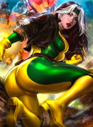 Rule 34 | 1girl, absurdres, bodysuit, dyed bangs, gloves, green bodysuit, green headband, headband, highres, jacket, leather, leather jacket, lipstick, logan cure, makeup, marvel, multicolored bodysuit, multicolored clothes, multicolored hair, robot, rogue (x-men), sentinel (x-men), superhero costume, two-tone hair, x-men, x-men: the animated series, yellow bodysuit, yellow gloves