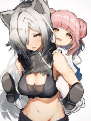 Rule 34 | 2girls, absurdres, aged down, animal ears, arknights, black scarf, blue feathers, blunt bangs, breasts, carrying, ceylon (arknights), cleavage cutout, clothing cutout, commentary request, double bun, feathers, hair bun, hair over one eye, highres, long hair, medium breasts, midriff, multiple girls, navel, piggyback, pink hair, scarf, schwarz (arknights), short hair, shoulder carry, silver hair, simple background, stomach, tab head, white background, yellow eyes