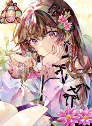 Rule 34 | 1girl, blank page, book, braid, brown hair, closed mouth, flower, flower request, hair flower, hair ornament, hand on own chin, head rest, highres, holding, holding flower, long hair, looking at viewer, multicolored eyes, multicolored hair, nail polish, open book, original, pink flower, pink nails, smile, solo, traditional media, yukoring