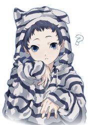 Rule 34 | 1boy, ?, animal ears, animal hood, black hair, blue eyes, blue outline, cat hood, commentary, drawstring, fake animal ears, hands up, highres, hood, hood up, hoodie, long sleeves, looking at viewer, male focus, mole, mole under eye, outline, parted lips, persona, persona 3, pharos, short hair, simple background, sleeves past wrists, solo, striped clothes, striped hoodie, symbol-only commentary, upper body, white background, white hoodie, yatsutaro