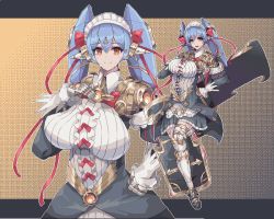 Rule 34 | 1girl, android, baketu, blue hair, boots, breasts, dress, large breasts, looking at viewer, maid, maid headdress, nintendo, orange eyes, pixel art, poppi (xenoblade), poppi qt (xenoblade), ribbon, skirt, smile, solo, sword, thighhighs, thighs, weapon, xenoblade, xenoblade chronicles (series), xenoblade chronicles 2