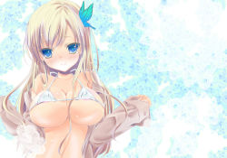 Rule 34 | 10s, 1girl, aqua background, areola slip, bare shoulders, bikini, bikini top only, bikini under clothes, blonde hair, blue eyes, blush, boku wa tomodachi ga sukunai, breasts, butterfly hair ornament, buttons, cleavage, clenched hand, covered erect nipples, dress shirt, hair ornament, huge breasts, kashiwazaki sena, lace, lace background, large breasts, long hair, long sleeves, looking at viewer, micro bikini, narrow waist, navel, off shoulder, open clothes, open shirt, parted bangs, school uniform, shirt, sleeves past wrists, smile, solo, strap gap, string bikini, swimsuit, swimsuit under clothes, tears, umetori uriri, underboob, undressing, upper body, very long hair, white bikini, wide hips
