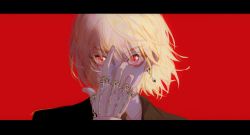 Rule 34 | 1boy, blonde hair, chain, earrings, floating hair, formal, hand over face, hand up, highres, hong 3740, hunter x hunter, jewelry, kurapika, letterboxed, long sleeves, male focus, multiple rings, necktie, portrait, red background, red eyes, ring, short hair, simple background, solo, straight-on, suit