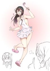 Rule 34 | 2girls, akashi (kancolle), anger vein, apron, black hair, blush, breasts, collarbone, commentary request, full body, glasses, green eyes, hair between eyes, hair ribbon, hairband, heart, highres, holding, kantai collection, long hair, looking at viewer, multiple girls, naked apron, one eye closed, ooyodo (kancolle), open mouth, ribbon, semi-rimless eyewear, simple background, slippers, small breasts, smile, standing, tress ribbon, under-rim eyewear, white background, yuuji (and)
