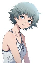 Rule 34 | 1girl, absurdres, bare arms, bare shoulders, black bow, black ribbon, blue eyes, bow, breasts, camisole, collarbone, eyelashes, from side, grey hair, halterneck, head tilt, highres, lips, looking at viewer, looking to the side, monogatari (series), nishizuki shino, oikura sodachi, parted lips, ribbon, shirt, shirt bow, short hair, simple background, sleeveless, sleeveless shirt, small breasts, solo, upper body, very short hair, wavy hair, white background, white camisole, zoku owarimonogatari