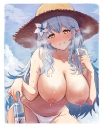 Rule 34 | 1girl, absurdres, alcohol, artist request, bikini, blue hair, blue sky, blush, breasts, cloud, cup, drinking glass, flower, full-face blush, hair flower, hair ornament, half updo, hanging breasts, hat, highres, hololive, long hair, nipples, pointy ears, sake, shot glass, sky, solo, straw hat, sweat, swimsuit, topless, virtual youtuber, white bikini, yellow eyes, yukihana lamy