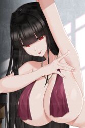 Rule 34 | 1girl, absurdres, arm up, armpits, bare arms, bare shoulders, black hair, blunt bangs, breast curtains, breasts, cleavage, closed mouth, commission, hair intakes, highres, large breasts, leaning forward, long hair, looking at viewer, original, qureniim, red eyes, smile, solo, spread armpit, tongue, tongue out, upper body, very long hair