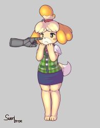Rule 34 | :&lt;, animal crossing, animal ears, animal hands, artist name, barefoot, bell, blonde hair, blue skirt, blush stickers, brown eyes, closed mouth, disembodied hand, disembodied limb, dog ears, dog girl, dog tail, female focus, flat chest, full body, furry, furry female, green vest, grey background, hair bell, hair ornament, hair tie, hands up, highres, isabelle (animal crossing), jingle bell, jpeg artifacts, legs together, miniskirt, neck ribbon, nintendo, pencil skirt, plaid, plaid vest, red ribbon, ribbon, shirt, short hair, short sleeves, signature, simple background, skirt, solo, standing, suenbroe, tail, topknot, vest, white shirt