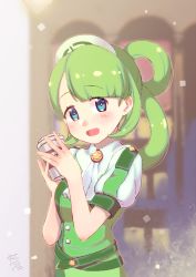 Rule 34 | 1girl, blue eyes, blunt bangs, blush, creatures (company), game freak, green hair, hair rings, hat, holding, long hair, looking at viewer, nintendo, nurse cap, open mouth, outdoors, parted bangs, pokemon, pokemon masters ex, short sleeves, smile, solo, standing, trinnia (pokemon), unier, upper body