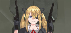 Rule 34 | 1girl, :q, black gloves, blonde hair, blue eyes, dual wielding, eyepatch, girls&#039; frontline, gloves, gun, hair between eyes, holding, holding gun, holding weapon, licking lips, long hair, machine pistol, name connection, object namesake, parody, skorpion (girls&#039; frontline), skorpion vz. 61, smile, solo, submachine gun, tab (tabkun), the matrix, tongue, tongue out, twintails, upper body, weapon