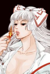 Rule 34 | 1girl, bow, breasts, cigarette, covered erect nipples, female focus, fire, fujiwara no mokou, hair bow, hime cut, lips, long hair, nose, open clothes, open shirt, realistic, red eyes, ribbon, shirt, small breasts, smoking, solo, suspenders, tadashi, touhou, white hair