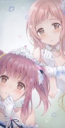 Rule 34 | 2girls, artist request, blush, brown eyes, clenched hand, dress, flower, gem, gloves, hair ornament, heart, idolmaster, idolmaster cinderella girls, idolmaster shiny colors, jewelry, light brown hair, looking at viewer, multiple girls, necklace, ogata chieri, pearl (gemstone), pearl necklace, red hair, sakuragi mano, short hair, shy, simple background, tiara, twintails, white dress, white gloves, winged hair ornament, wrist cuffs