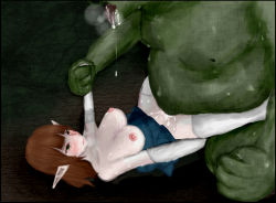 Rule 34 | 1girl, arm grab, blush, breasts, breasts out, cave, clothes pull, cum, cum in pussy, cum on body, cum on breasts, cum on upper body, elf, indoors, lying, missionary, monster, on back, orc, pointy ears, rape, sex, skirt, skirt pull, spread legs, tears