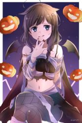 Rule 34 | 10s, 1girl, :q, ahoge, alternate costume, bandages, black hair, blue eyes, braid, commentary request, crossed legs, hair flaps, hair ornament, halloween, halloween costume, jack-o&#039;-lantern, kantai collection, long hair, looking back, nail polish, navel, pumpkin, purple background, red nails, shigure (kancolle), shigure kai ni (kancolle), sitting, solo, spider web print, stomach, tongue, tongue out, torn clothes, twitter username, yukichi (eikichi)