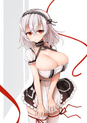 Rule 34 | 1girl, :|, absurdres, anchor symbol, apron, azur lane, black dress, breasts, choker, cleavage, closed mouth, collarbone, crossed bangs, dress, eyes visible through hair, frilled choker, frilled dress, frilled sleeves, frills, grey background, hair between eyes, hair intakes, hairband, highres, lace-trimmed hairband, lace trim, large breasts, looking to the side, macchiato (jae-min cho), puffy sleeves, red eyes, red ribbon, resolution mismatch, ribbon, ribbon-trimmed legwear, ribbon trim, short hair, short sleeves, sirius (azur lane), source larger, thick thighs, thighhighs, thighs, two-tone background, v arms, waist apron, white apron, white background, white hair, white thighhighs, zettai ryouiki