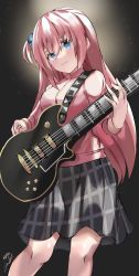 Rule 34 | 1girl, absurdres, blue eyes, bocchi the rock!, breasts, closed mouth, cube hair ornament, electric guitar, gibson les paul, gotoh hitori, grey skirt, guitar, hair between eyes, hair ornament, high collar, highres, instrument, jacket, long hair, looking at viewer, medium breasts, music, pink hair, pink jacket, plaid, plaid skirt, playing instrument, pleated skirt, saabyboi, skirt, solo, tearing up, track jacket