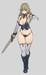 Rule 34 | 1girl, breasts, cleavage, detached collar, elf, full body, grey background, highres, holding, holding sword, holding weapon, houtengeki, original, pointy ears, simple background, solo, standing, sword, unfinished, weapon, white background, white legwear