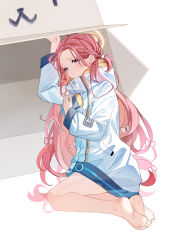Rule 34 | 1girl, barefoot, blue archive, blue eyes, blush, bow, box, braid, full body, hair bow, halo, handheld game console, highres, holding, holding handheld game console, jacket, long hair, long sleeves, parted lips, red hair, simple background, solo, white background, white bow, white jacket, yaner 10, yellow halo, yuzu (blue archive)