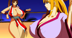 Rule 34 | 2girls, breasts, choujuushin gravion, cleavage, covered erect nipples, crossover, gigantic breasts, huge breasts, jyubei, looking at another, multiple girls, shiranui mai, tachibana mizuki, the king of fighters, thick thighs, thighs
