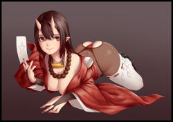 Rule 34 | 1girl, ass, ass cutout, bad id, bad pixiv id, bare shoulders, bead necklace, beads, between fingers, black border, black footwear, blush, border, breasts, bridal gauntlets, brown background, brown hair, closed mouth, clothing cutout, cross-laced clothes, full body, hair between eyes, highres, holding, horns, japanese clothes, jewelry, kimono, long hair, long sleeves, naidong (artist), nail polish, necklace, off shoulder, ofuda, oni horns, original, panties, pantyhose, paper, pentagram, pointy ears, red lips, red nails, red panties, red ribbon, ribbon, ribbon-trimmed legwear, ribbon trim, see-through, shide, shoes, short kimono, simple background, solo, star (symbol), string panties, thighhighs, thong, torn clothes, torn legwear, underwear, wide sleeves