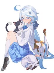 Rule 34 | 1girl, ahoge, alternate costume, black footwear, blue bow, blue bowtie, blue brooch, blue eyes, blue hair, blue skirt, blush, bow, bowtie, cat, closed mouth, commentary, full body, furina (genshin impact), furrowed brow, genshin impact, hair between eyes, hair ornament, hairclip, heterochromia, light blue hair, long hair, long sleeves, looking at viewer, multicolored hair, multiple cats, shirt, sidelocks, simple background, sitting, skirt, socks, solo, streaked hair, striped clothes, striped skirt, sweatdrop, two-tone hair, white background, white shirt, white socks, zero pi