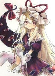 Rule 34 | 1girl, aged down, blonde hair, blush, bow, corset, cross-laced clothes, cross-laced dress, dress, elbow gloves, frilled dress, frilled gloves, frills, gap (touhou), gloves, hair bow, hat, hat ribbon, highres, hisako (6anmbblfnjueeff), long hair, mob cap, off shoulder, pout, puffy short sleeves, puffy sleeves, purple dress, purple eyes, red bow, red ribbon, ribbon, ribbon-trimmed legwear, ribbon trim, short sleeves, sidelocks, solo, touhou, traditional media, white background, white hat, white legwear, yakumo yukari