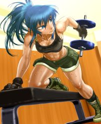Rule 34 | 1girl, abs, blue eyes, blue hair, blurry, blurry foreground, boots, boro, breasts, cleavage, depth of field, dumbbell, dutch angle, earrings, exercising, female focus, gloves, green footwear, green shorts, indoors, jewelry, leona heidern, long hair, matching hair/eyes, midriff, muscular, muscular female, navel, ponytail, shorts, snk, solo, sweat, tank top, the king of fighters, toned, weightlifting, weights