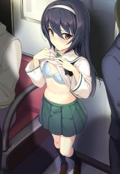 Rule 34 | 10s, 1girl, 2boys, black hair, black socks, blush, bra, breasts, brown eyes, clothes lift, commentary request, exhibitionism, faceless, faceless male, formal, full body, girls und panzer, green skirt, hairband, head out of frame, highres, icomochi, kneehighs, lifted by self, long hair, multiple boys, navel, public indecency, reizei mako, school uniform, serafuku, shirt, shirt lift, shoes, sitting, skirt, small breasts, socks, suit, train interior, underwear, white bra, white shirt