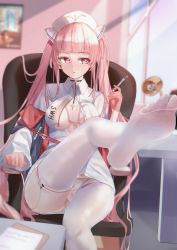 Rule 34 | 1girl, absurdres, azur lane, black choker, blunt bangs, blurry, blurry background, breasts, chair, choker, cv-3 (dejiajia), feet, foot focus, foreshortening, garter straps, hat, highres, holding, id card, large breasts, legs, long hair, long sleeves, nurse cap, open clothes, open shirt, outstretched foot, panties, perseus (azur lane), perseus (unfamiliar duties) (azur lane), pink eyes, pink hair, see-through, see-through legwear, sitting, sleeves past wrists, solo, syringe, thighhighs, thighs, twintails, underwear, very long hair, white panties, white thighhighs