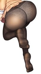 Rule 34 | 1girl, ass, ass focus, bang dream!, black pantyhose, brown skirt, brown sweater, commission, cropped, highres, ichigaya arisa, korean commentary, lace, lace panties, migu (iws2525), panties, panties under pantyhose, pantyhose, simple background, skirt, soles, solo, sweater, underwear, white background, white panties