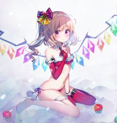 Rule 34 | 1girl, apple, ascot, bad id, bad twitter id, bare shoulders, barefoot, bell, bikini, blonde hair, blush, bow, breasts, closed mouth, collar, collarbone, crystal, detached collar, flandre scarlet, food, frilled collar, frills, fruit, full body, fur-trimmed gloves, fur-trimmed legwear, fur trim, gloves, hair bell, hair bow, hair ornament, hand up, highres, koto seori, leg belt, long hair, looking at viewer, medium breasts, navel, partially fingerless gloves, pom pom (clothes), red ascot, red bikini, red bow, red eyes, red gloves, side-tie bikini bottom, side ponytail, single thighhigh, sitting, smile, solo, spread legs, stomach, strapless, strapless bikini, swimsuit, thighhighs, touhou, wariza, wings