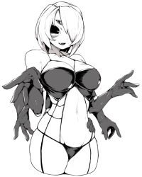 Rule 34 | 1girl, arachne, arthropod girl, breasts, extra arms, extra eyes, female focus, greyscale, hair over one eye, insect girl, kamaboko (ossann0125), large breasts, monochrome, monster girl, original, panties, short hair, solo, spider girl, taur, underwear, white background
