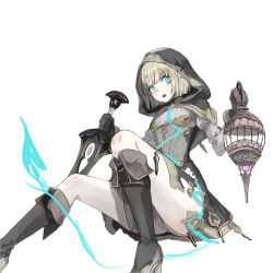Rule 34 | 1boy, absurdres, androgynous, black dress, blue eyes, boots, dress, gloves, gretel (sinoalice), grey footwear, grey gloves, grey hair, grey panties, highres, holding, holding lantern, holding sword, holding weapon, hood, hood up, knee boots, lantern, looking at viewer, male focus, open mouth, panties, pantyshot, shaokao range, short dress, short hair, simple background, sinoalice, sitting, solo, sword, thighs, trap, underwear, weapon, white background