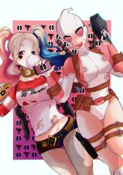 Rule 34 | 2girls, baseball bat, batman (series), blonde hair, blue eyes, blue hair, breasts, chewing gum, colored tips, crossover, dc comics, gun, gwenpool, gwenpool, harley quinn, highres, jacket, long hair, makeup, marvel, mask, multicolored hair, multiple girls, short shorts, shorts, suicide squad, sword, twintails, weapon, weapons