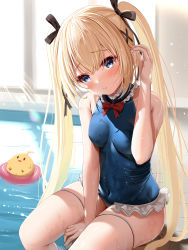 Rule 34 | 1girl, azur lane, bare arms, bare shoulders, black ribbon, blonde hair, blue eyes, blue one-piece swimsuit, blush, bow, bowtie, breasts, casual one-piece swimsuit, closed mouth, collarbone, covered navel, creature, dead or alive, frilled swimsuit, frills, hair ribbon, tucking hair, hand up, highres, indoors, kokuto (kurousagi1210), light rays, long hair, manjuu (azur lane), marie rose, medium breasts, on floor, one-piece swimsuit, pool, red bow, red neckwear, ribbon, sitting, smile, soaking feet, swimsuit, thigh strap, twintails, very long hair, water, wet, wet clothes, wet swimsuit