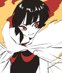Rule 34 | 1girl, bare arms, black hair, black shirt, breasts, cape, creatures (company), game freak, grin, looking at viewer, nintendo, pokemon, pokemon oras, red background, red eyes, shirt, short hair, simple background, small breasts, smile, solo, spot color, suzuki zentarou, tank top, tsurime, upper body, zinnia (pokemon)