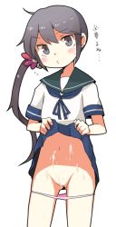 Rule 34 | 10s, 1girl, akebono (kancolle), bell, black eyes, black hair, blue skirt, blush, clothes lift, cum, cum on body, dokan (dkn), female focus, flower, hair bell, hair flower, hair ornament, kantai collection, long hair, navel, neckerchief, panties, panty pull, pleated skirt, ponytail, pussy, sailor collar, school uniform, serafuku, side ponytail, simple background, skirt, skirt lift, solo, thighs, translation request, uncensored, underwear, white background