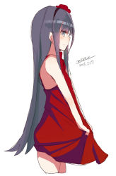 Rule 34 | 1girl, bare arms, bare shoulders, black hair, blush, closed mouth, dated, dress, flower, grey eyes, hair flower, hair ornament, long hair, looking away, maze (gochama ze gohan), original, profile, red dress, red flower, signature, simple background, skirt hold, sleeveless, sleeveless dress, smile, solo, very long hair, white background