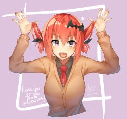Rule 34 | &gt;:d, 10s, 1girl, :d, bat hair ornament, fang, gabriel dropout, hair between eyes, hair ornament, hair rings, hands up, heart, heart in mouth, highres, long hair, looking at viewer, necktie, open mouth, red eyes, red hair, red necktie, satanichia kurumizawa mcdowell, smile, solo, thank you, tilt-shift (azalanz), twitter username, v-shaped eyebrows